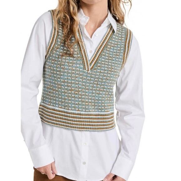Veronica Beard Serwa mixed knit vest over white poplin blouse XS extra small - Picture 2 of 9